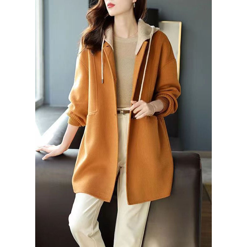Classy Khaki Button Pockets Patchwork Woolen Hoodies Outwear Fall