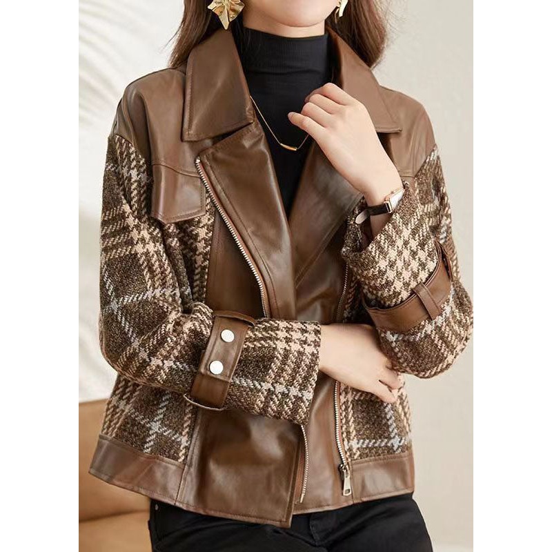 Coffee Patchwork Faux Leather Jackets Peter Pan Collar Zippered Fall