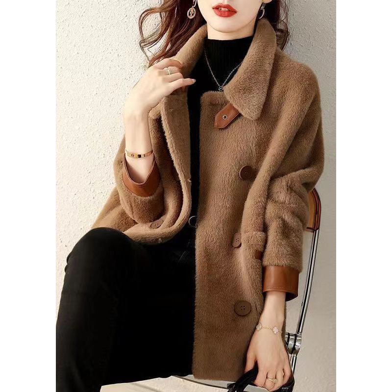 Coffee Pockets Patchwork Faux Fur Coat Peter Pan Collar Button Fall