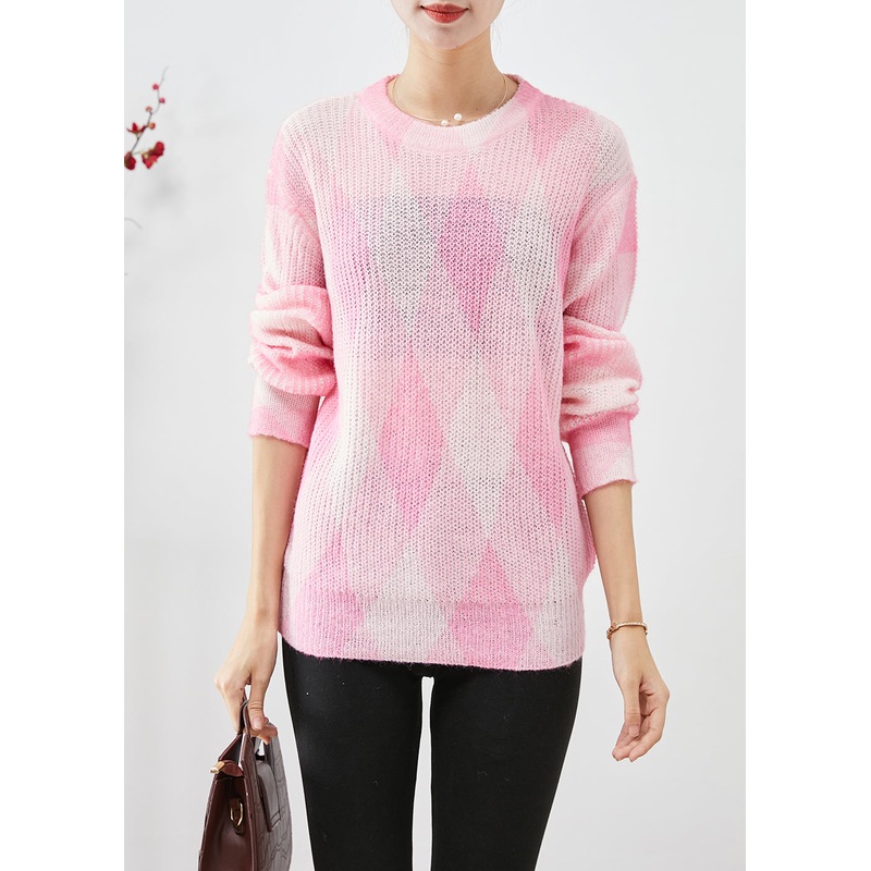 Cute Pink Oversized Plaid Knit Sweaters Fall