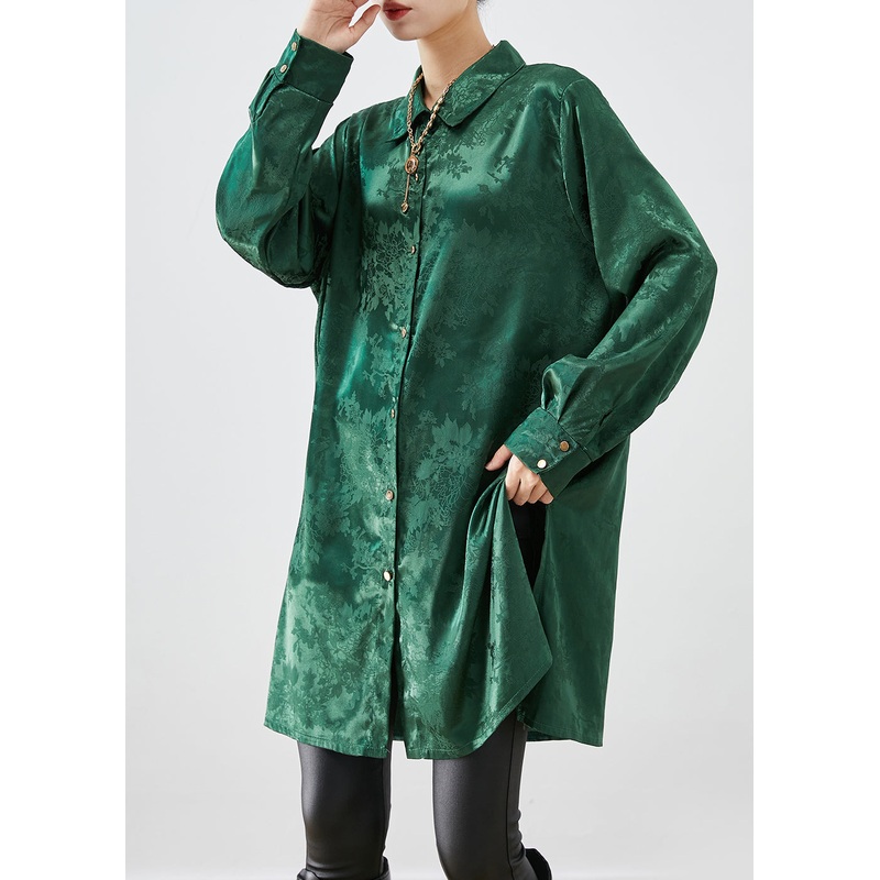 DIY Blackish Green Jacquard Side Open Draping Silk Long Shirt Fall