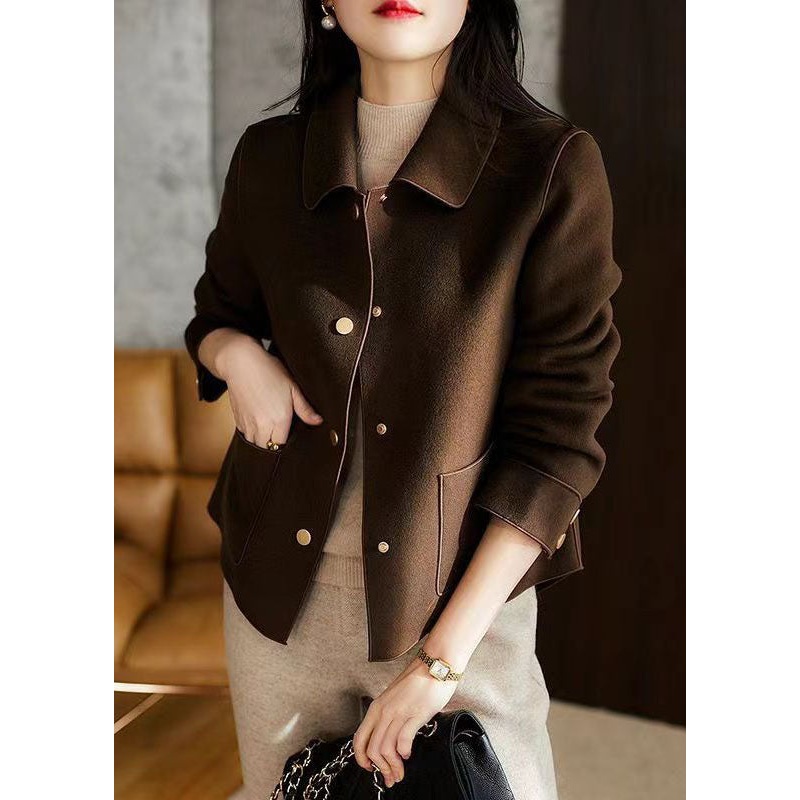 DIY Coffee Peter Pan Collar Pockets Patchwork Woolen Jackets Fall
