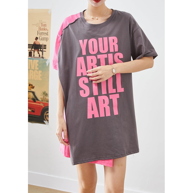 DIY Colorblock Asymmetrical Patchwork Letter Print Cotton Long Tanks Summer