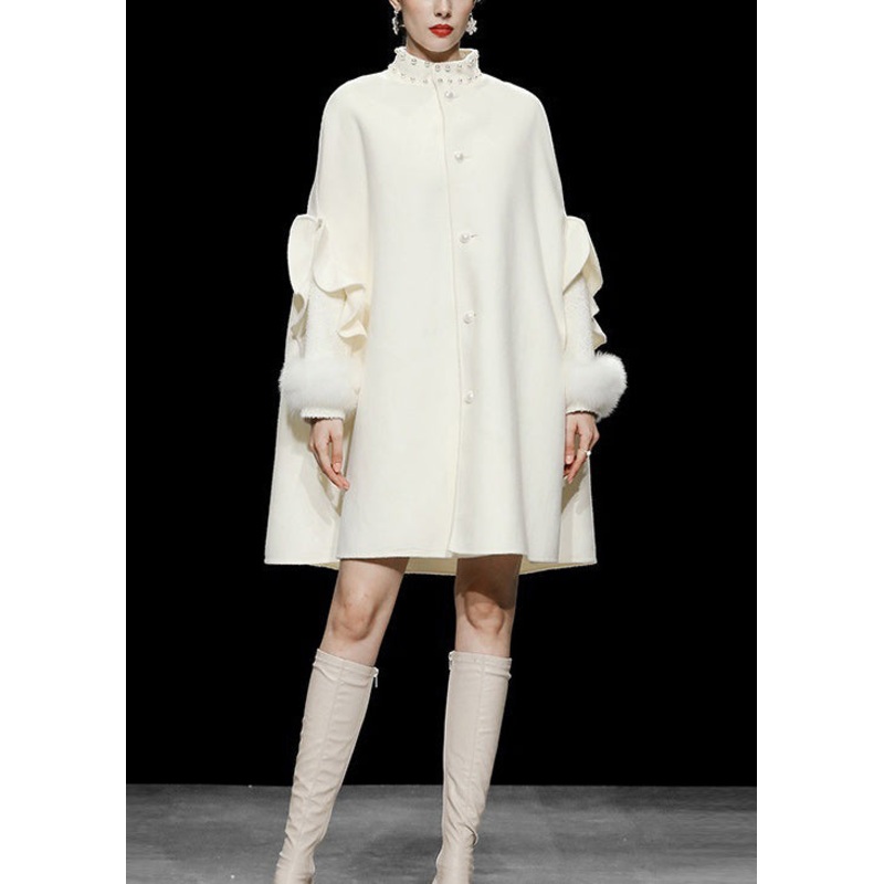 DIY White Stand Collar Patchwork Nail Bead Button Woolen Coat Fall