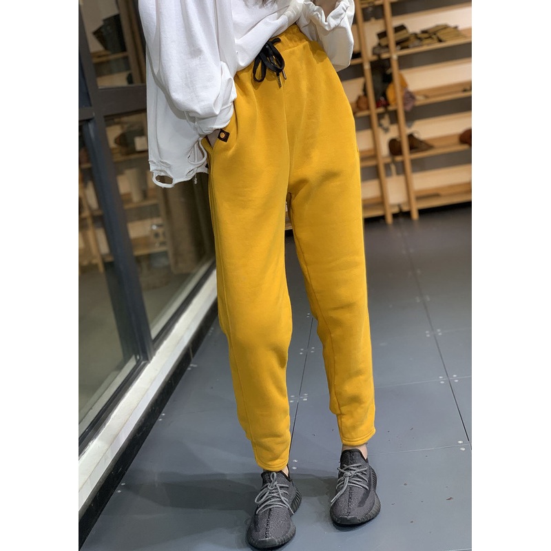 Diy Yellow Elastic Waist Drawstring Pockets Warm Fleece Sweatshirt Pants Winter
