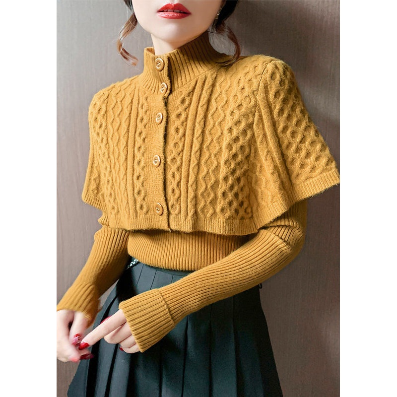 Elegant Orange Turtleneck Cable Knit Wraps And Sweaters Two Pieces Set Fall