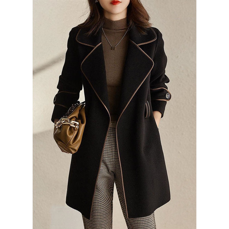 Fashion Black Notched Patchwork Pockets Tie Waist Woolen Coats Fall