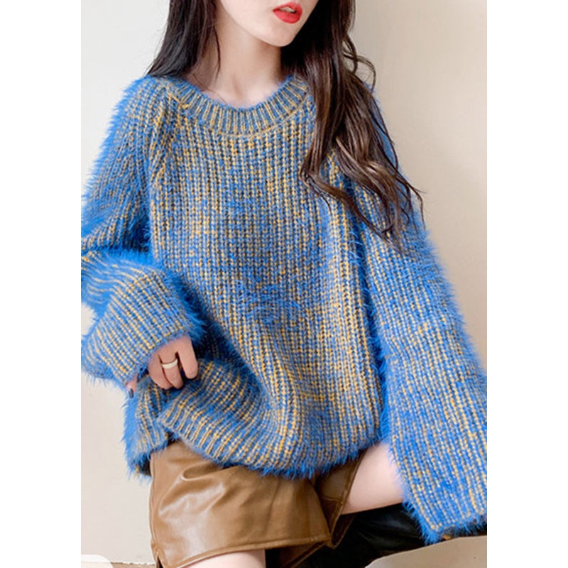 Fashion Blue O-Neck Cozy Low High Design Knit Sweaters Fall
