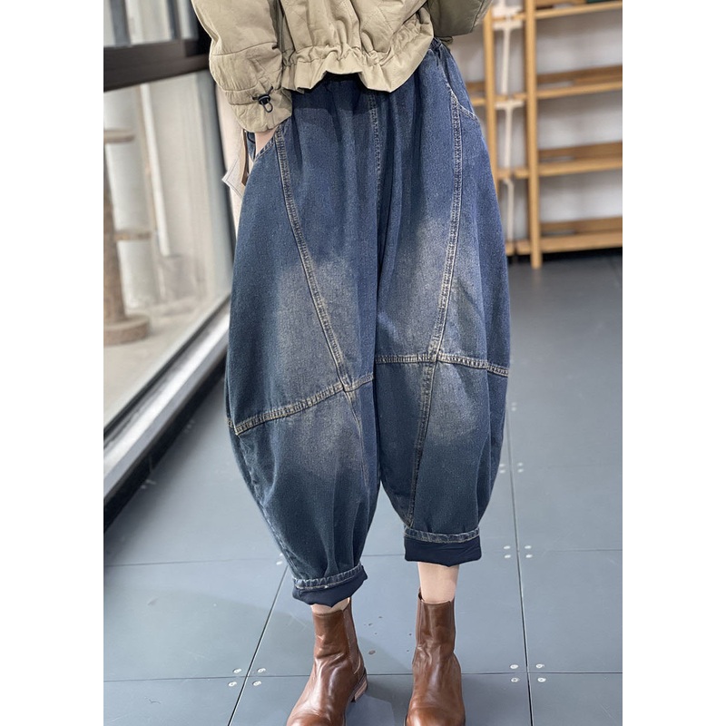 Fashion Denim Blue Elastic Waist Oversized Patchwork Cotton Harem Pants Fall