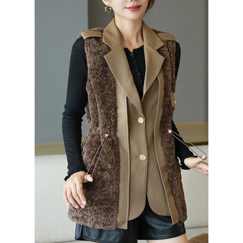 Fine Chocolate Notched Patchwork Button Faux Fur Waistcoat Fall