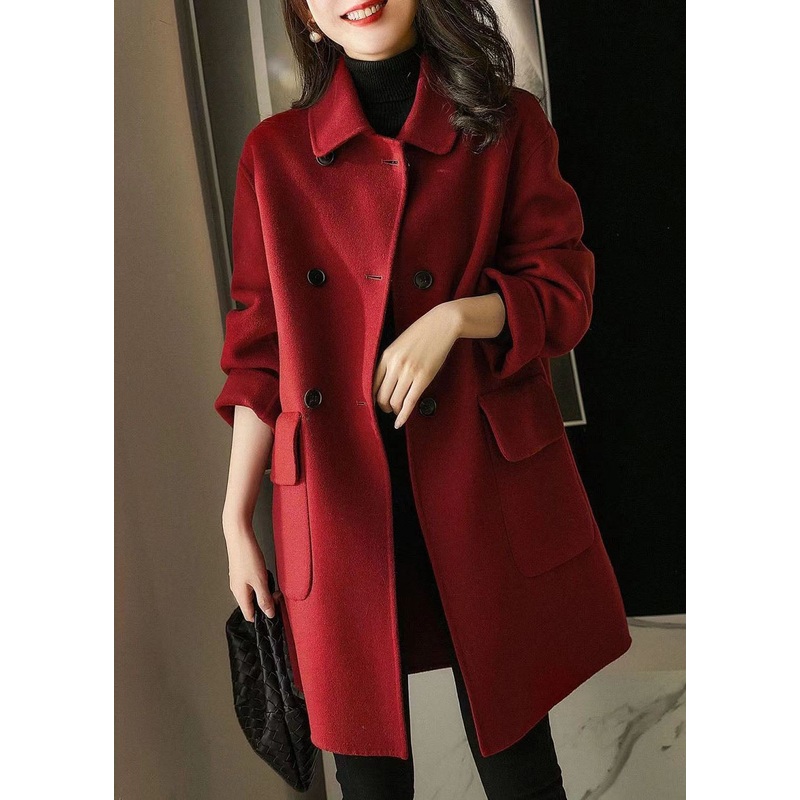 Fine Red Peter Pan Collar Pockets Fine Cotton Filled Woolen Outwear Winter