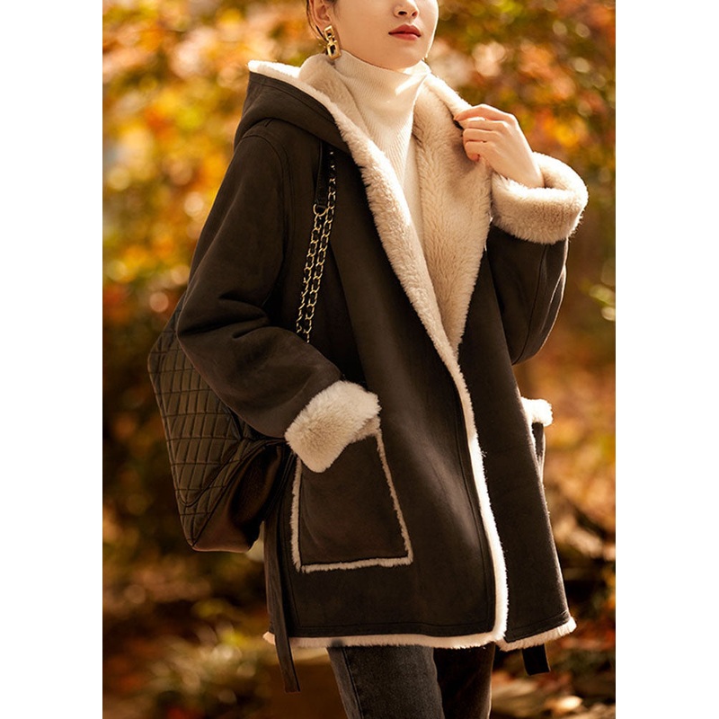Fitted Coffee Tie Waist Button Thick Hoodie Woolen Blended Coat Winter