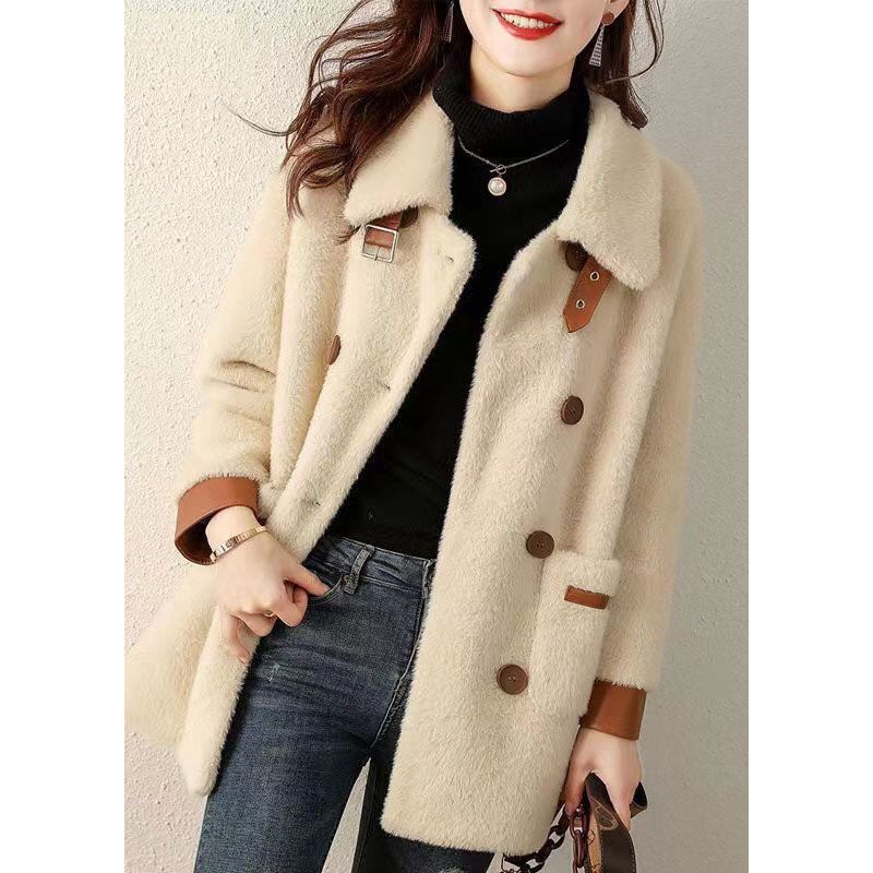 French Beige Peter Pan Collar Pockets Patchwork Faux Fur Coat Fall