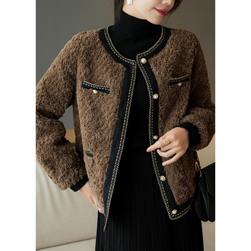 French Chocolate O-Neck Patchwork Button Faux Fur Coats Winter