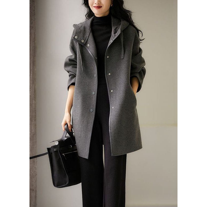 French Dark Gray Drawstring Button Hoodie Wool Blend Coat Long Sleeve