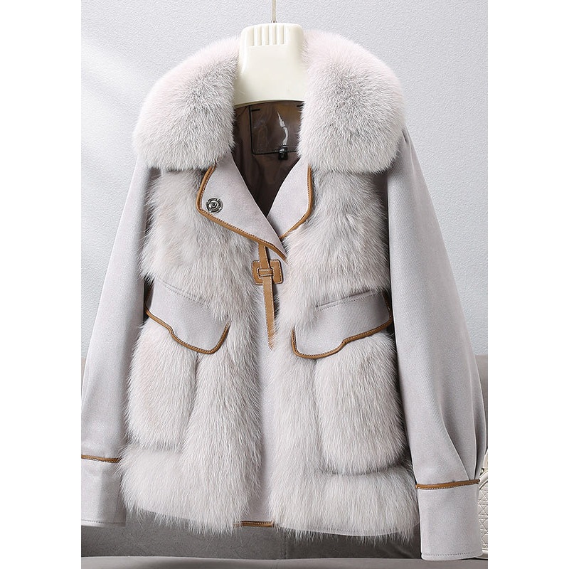 French Grey Fox Collar Leather Patchwork Button Down Coat Winter