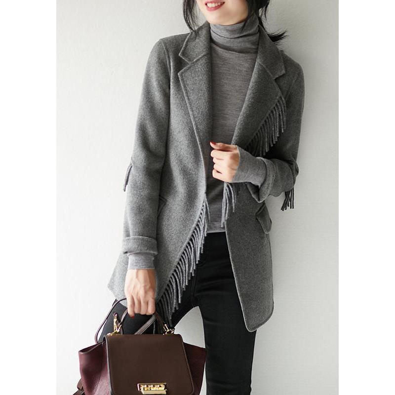 French Grey Notched Tassel Solid Woolen Blend Coat Fall
