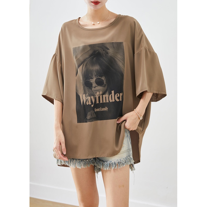 French Khaki Oversized Print Chiffon Tank Tops Summer