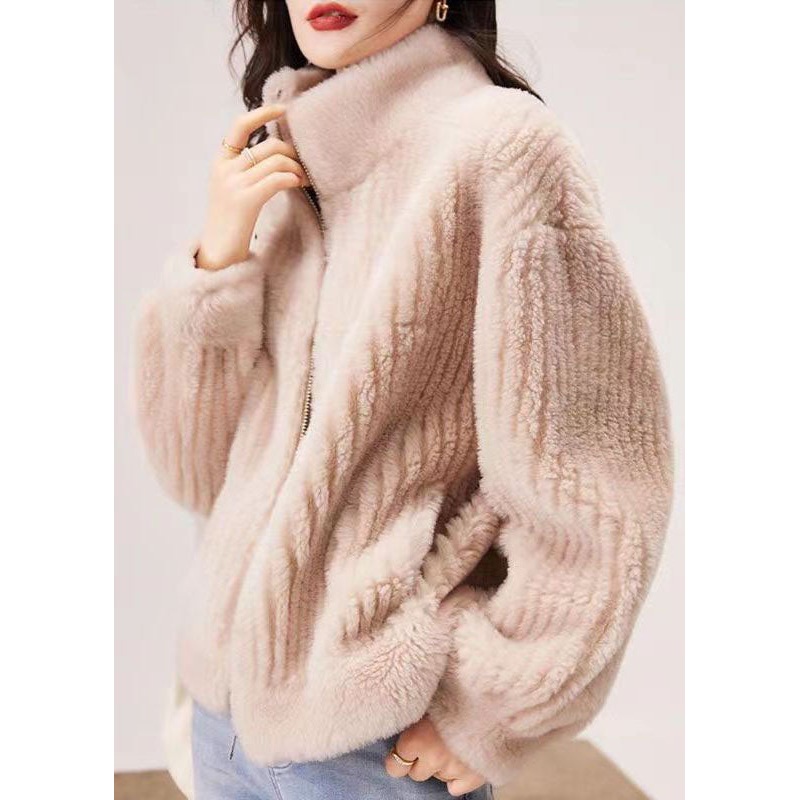 French Pink Stand Collar Zip Up Patchwork Faux Fur Coats Fall