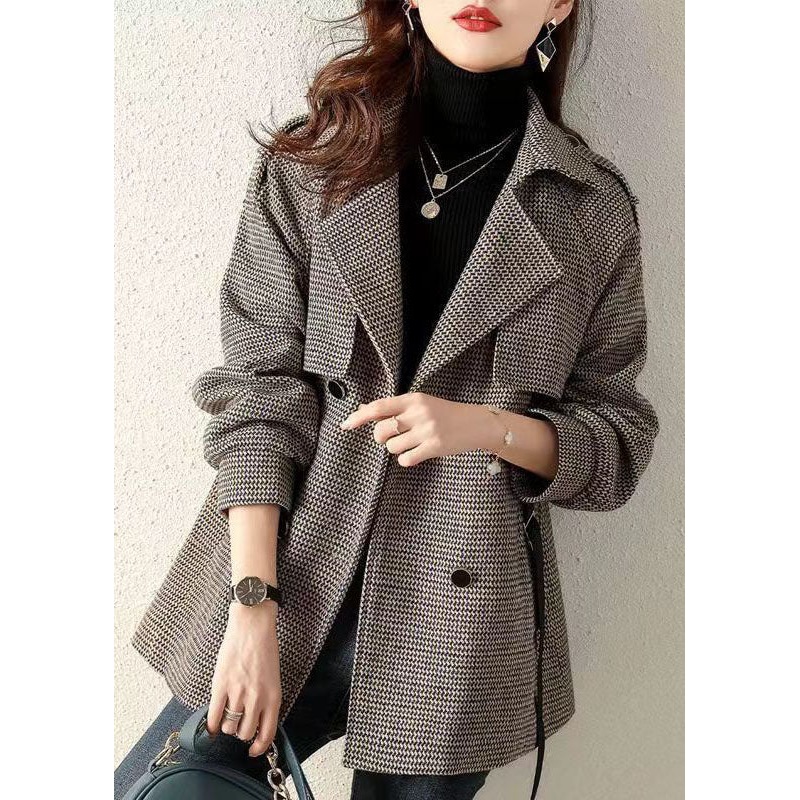 French Plaid Peter Pan Collar Pockets Patchwork Woolen Coats Fall