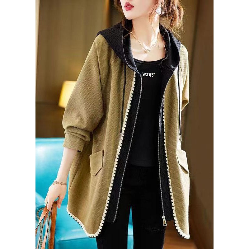 French Yellow Zip Up Pockets Patchwork Cotton Hooded Coat Fall