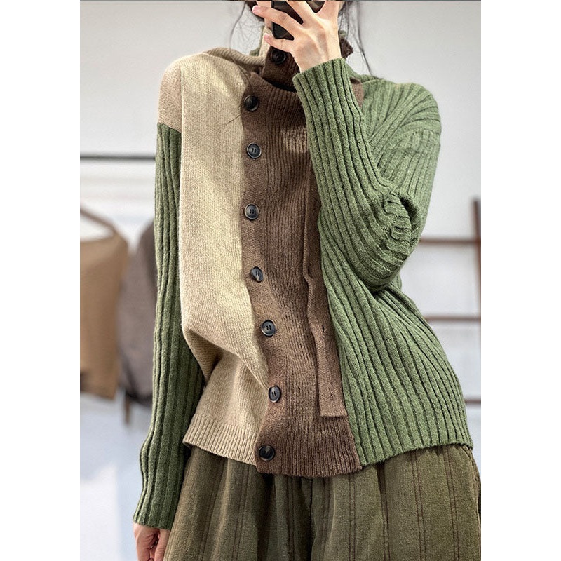 Green Patchwork Knit Sweaters Turtle Neck Winter