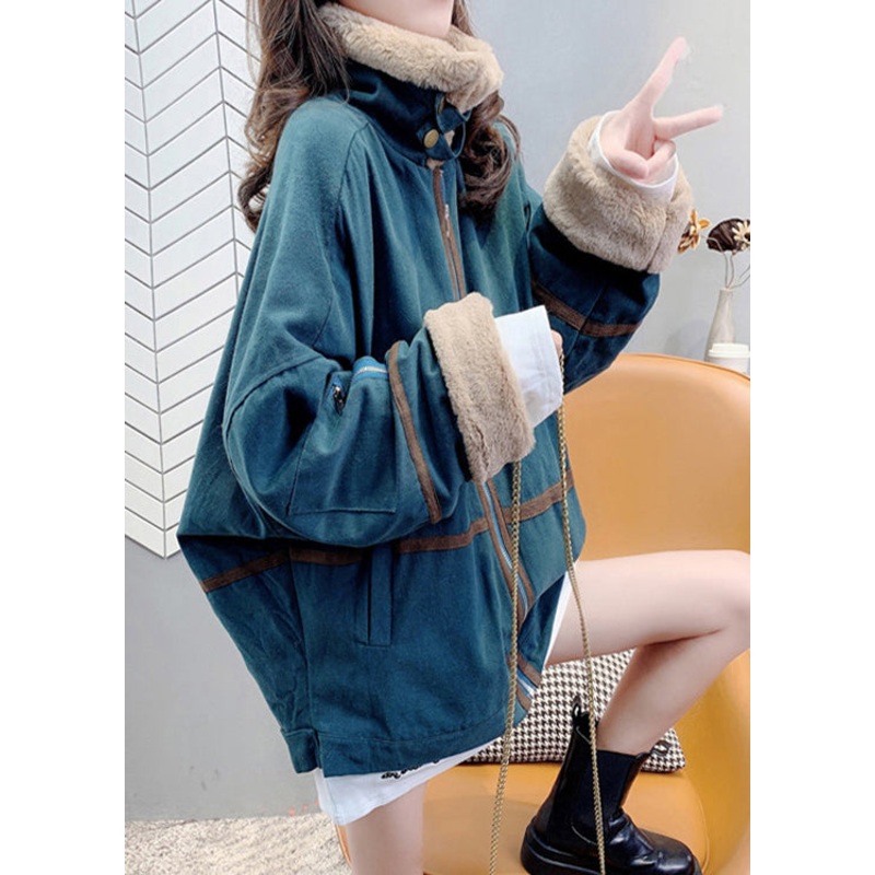 Green Peter Pan Collar Zippered Patchwork Parka Winter
