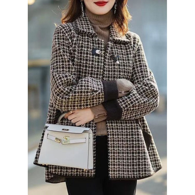 Handmade Plaid Peter Pan Collar Pockets Patchwork Woolen Coats Fall