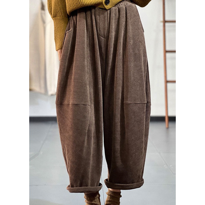 Italian Chocolate Elastic Waist Oversized Pockets Patchwork Corduroy Harem Pants Trousers Winter