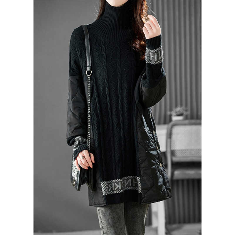 Jacquard Black Turtleneck Patchwork Alphabet Button Thick Knit Sweater Winter