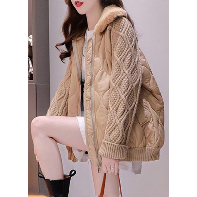 Khaki Fur Collar Zippered Knit Patchwork Parka Winter
