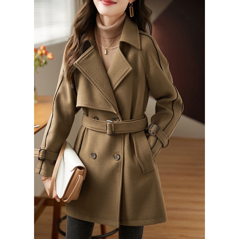 Light Coffee Pockets Patchwork Sashes Thick Woolen Coats Long Sleeve