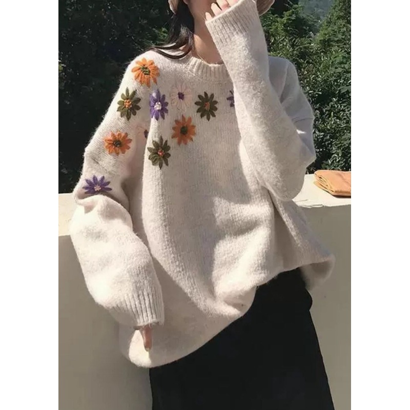 Loose Apricot O-Neck Embroideried Cozy Thick Knit Sweaters Fall