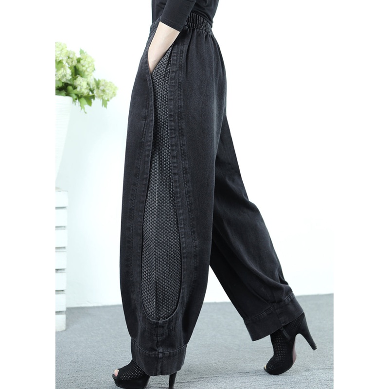 Loose Black Grey Patchwork Elastic Waist Denim Crop Pants Fall