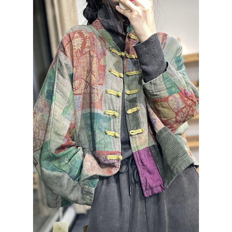 Loose Green Oriental Buttpn Patchwork Corduroy Pockets Fine Cotton Filled Coats Winter