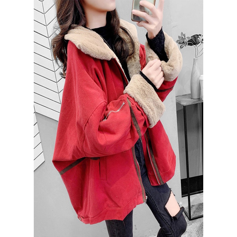 Loose Red Peter Pan Collar Zippered Warm Fleece Parka Winter