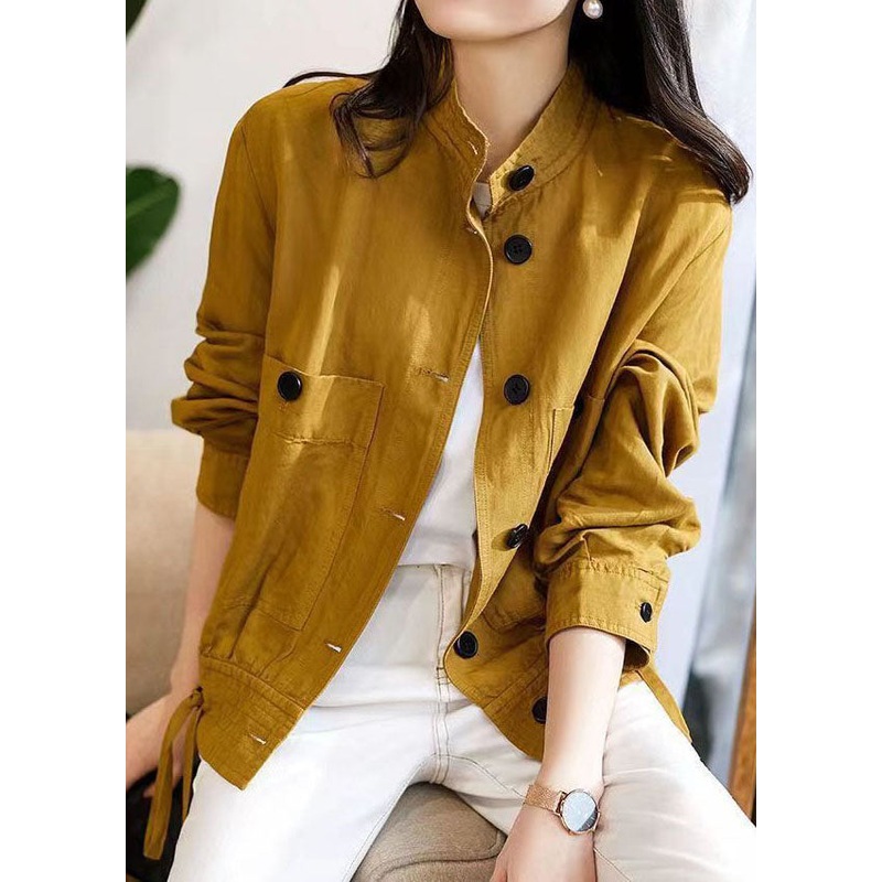 Loose Yellow Stand Collar Button Patchwork Cotton Jacket Fall