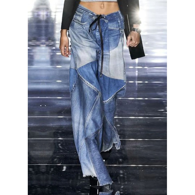 Modern Blue Pockets Patchwork Denim Wide Leg Pants Spring
