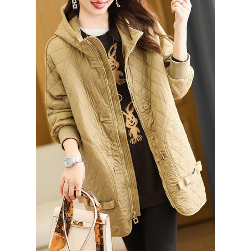 Organic Khaki Plaid Zippered Drawstring Fine Cotton Filled Hoodie Down Jackets Winter