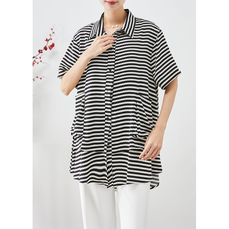 Plus Size Black Striped Patchwork Pockets Chiffon Blouse Tops Summer