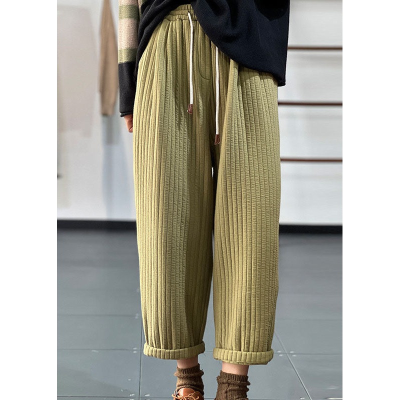 Plus Size Green Elastic Waist Drawstring Striped Fine Cotton Filled Pants Winter