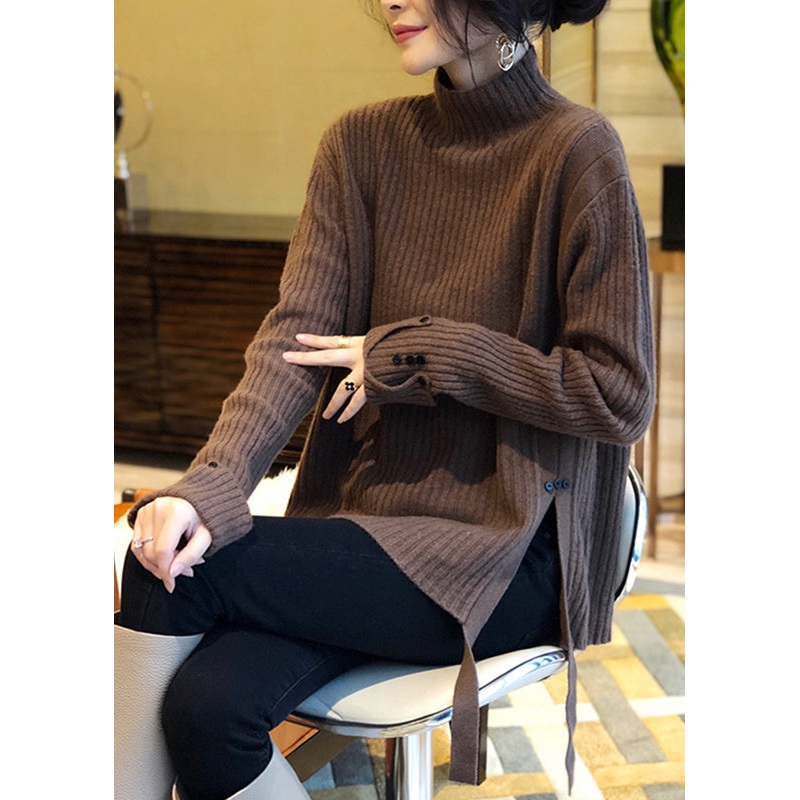 Retro Brown Turtleneck Side Open Thick Wooled Knitted Sweaters Fall