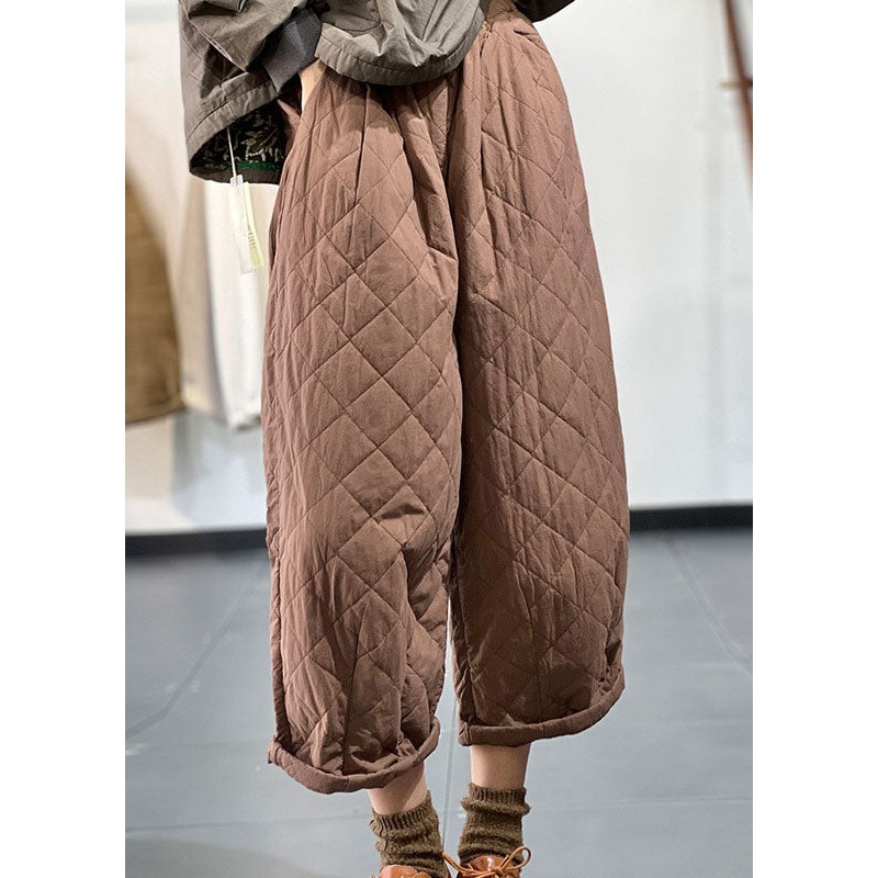 Simple Chocolate Elastic Waist Pockets Fine Cotton Filled Wide Leg Pants Winter