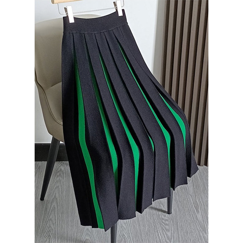 Simple Green Patchwork High Waist Woolen Pleated Skirts Fall