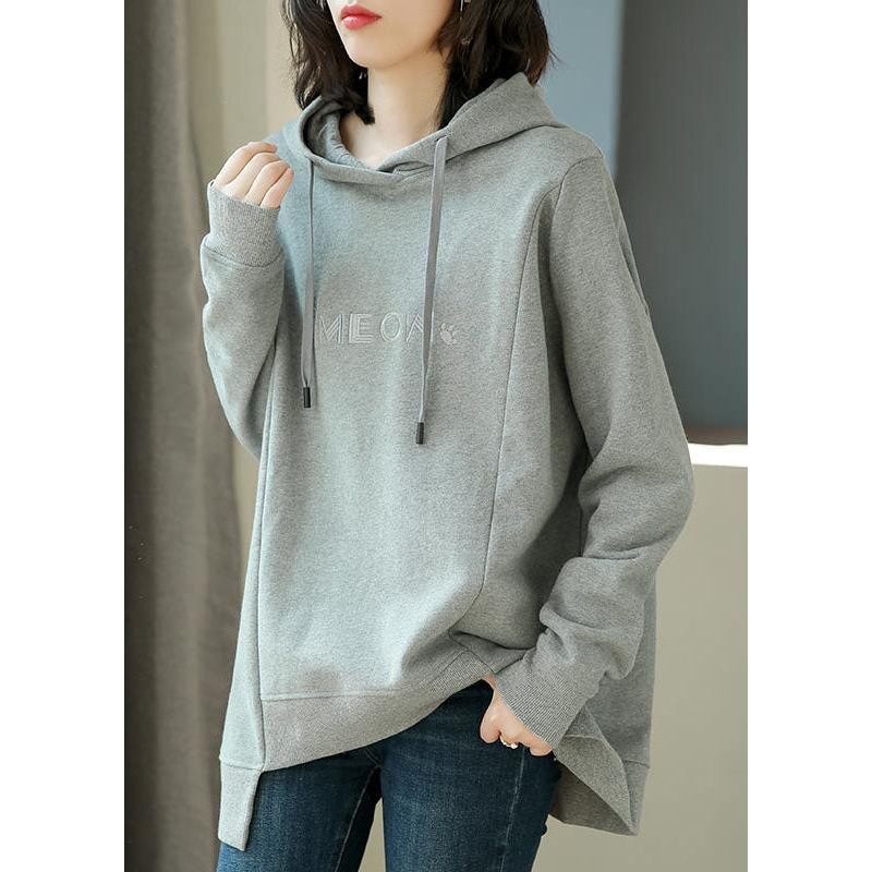 Simple Grey Asymmetrical Graphic Print Drawstring Cotton Sweatshirt Long Sleeve