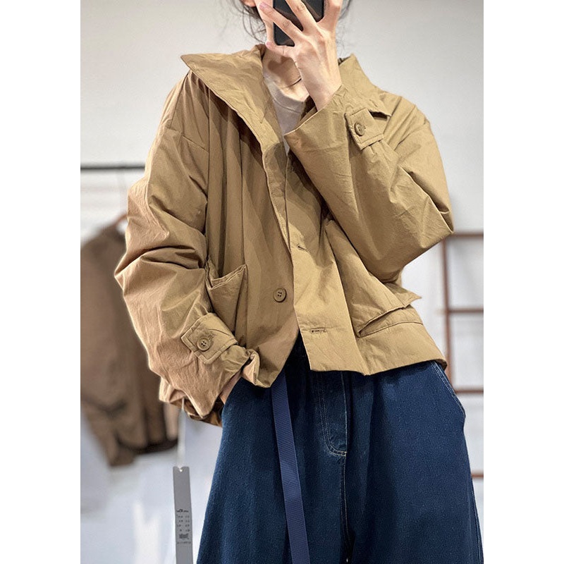 Simple Khaki Peter Pan Collar Oversized Solid Color Fine Cotton Filled Jackets Winter