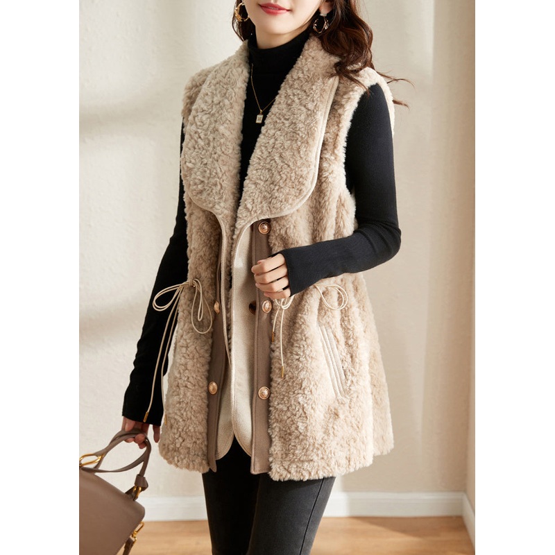 Slim Fit Beige Notched Patchwork Button Thick Faux Fur Waistcoat Fall