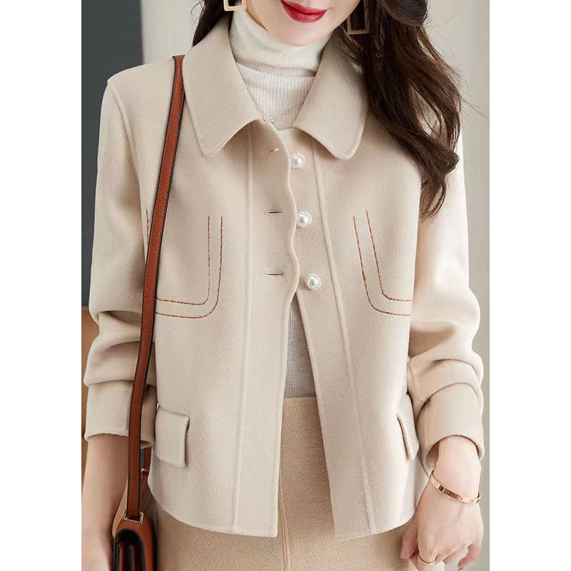 Style Beige Peter Pan Collar Patchwork Woolen Jacket Fall