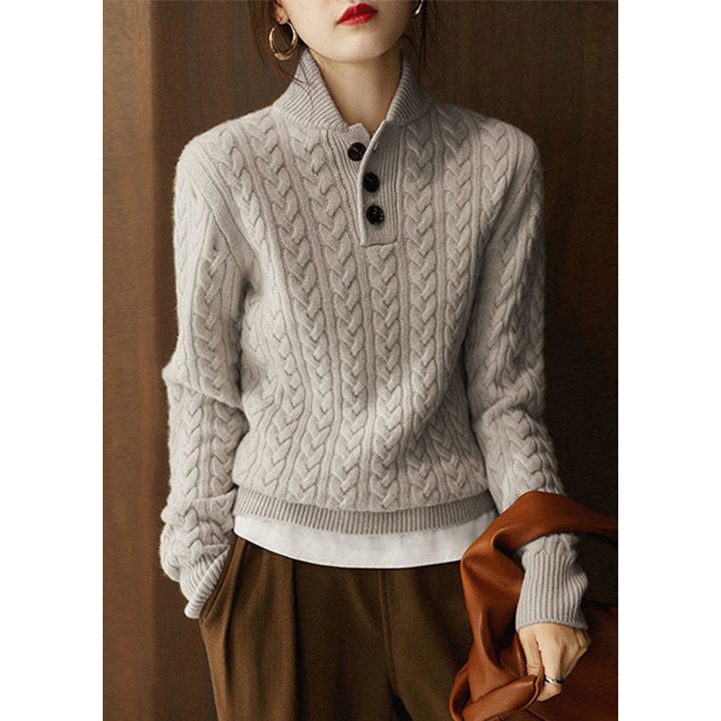 Style Camel Colour Stand Collar Button Thick Knit Sweaters Long Sleeve
