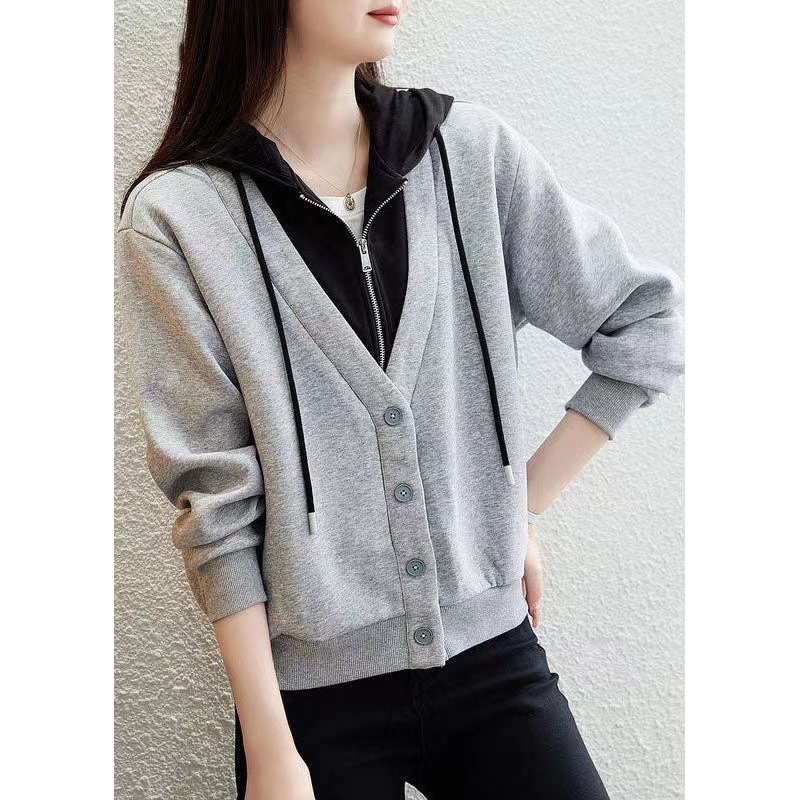 Style Grey Button Patchwork False Two Pieces Cotton Hooded Coat Fall